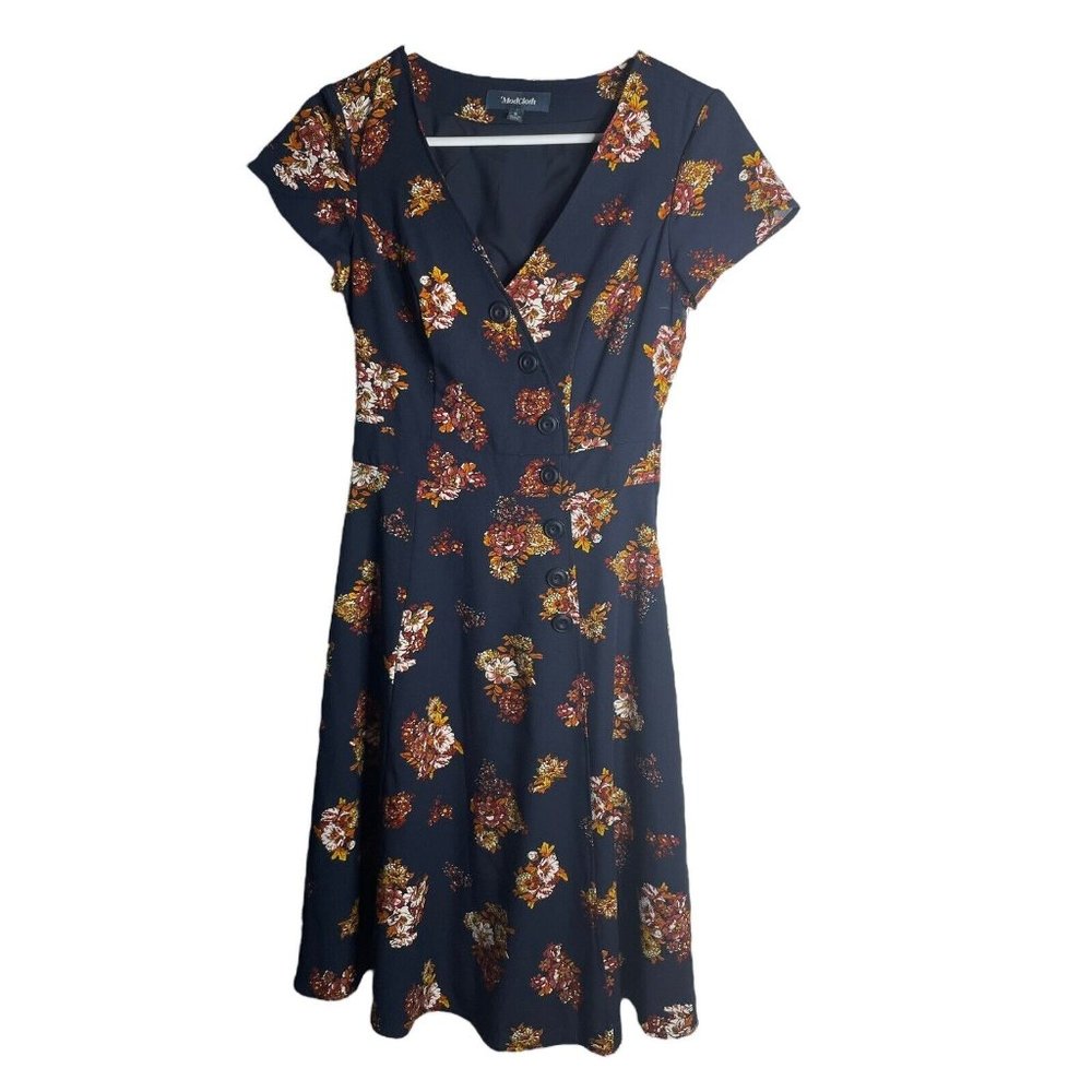 ModCloth Dress Womens S Sentimental Floral Navy Blue Fit and Flare V-Neck - Picture 1 of 7